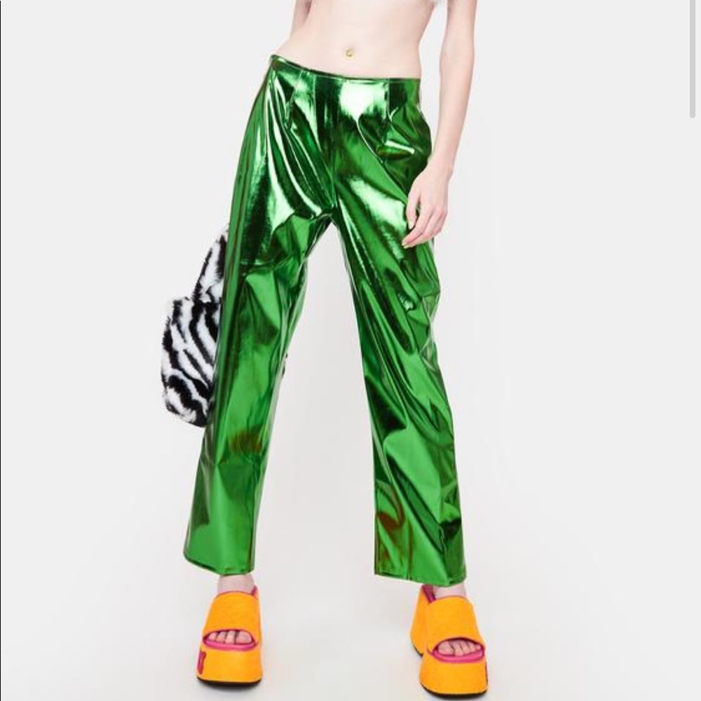 Metallic green dolls kill straight leg pants